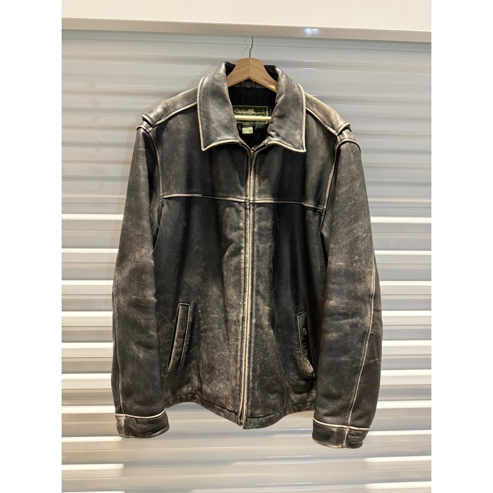 Eddie Bauer Distressed Faded Black Leather‎ Jacket Mens XL Tall Vintage zip coat